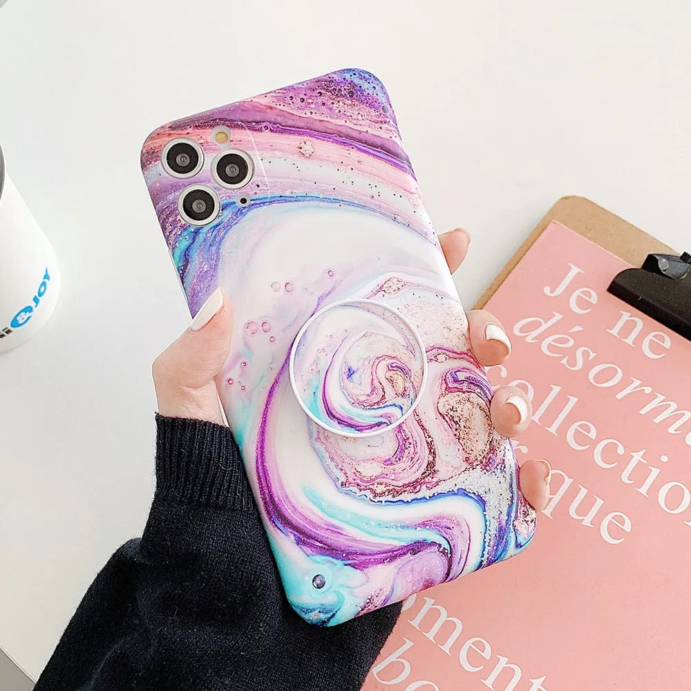 Modern Edge Layer Camera Protection Marble Phone Case With Holder For iPhone