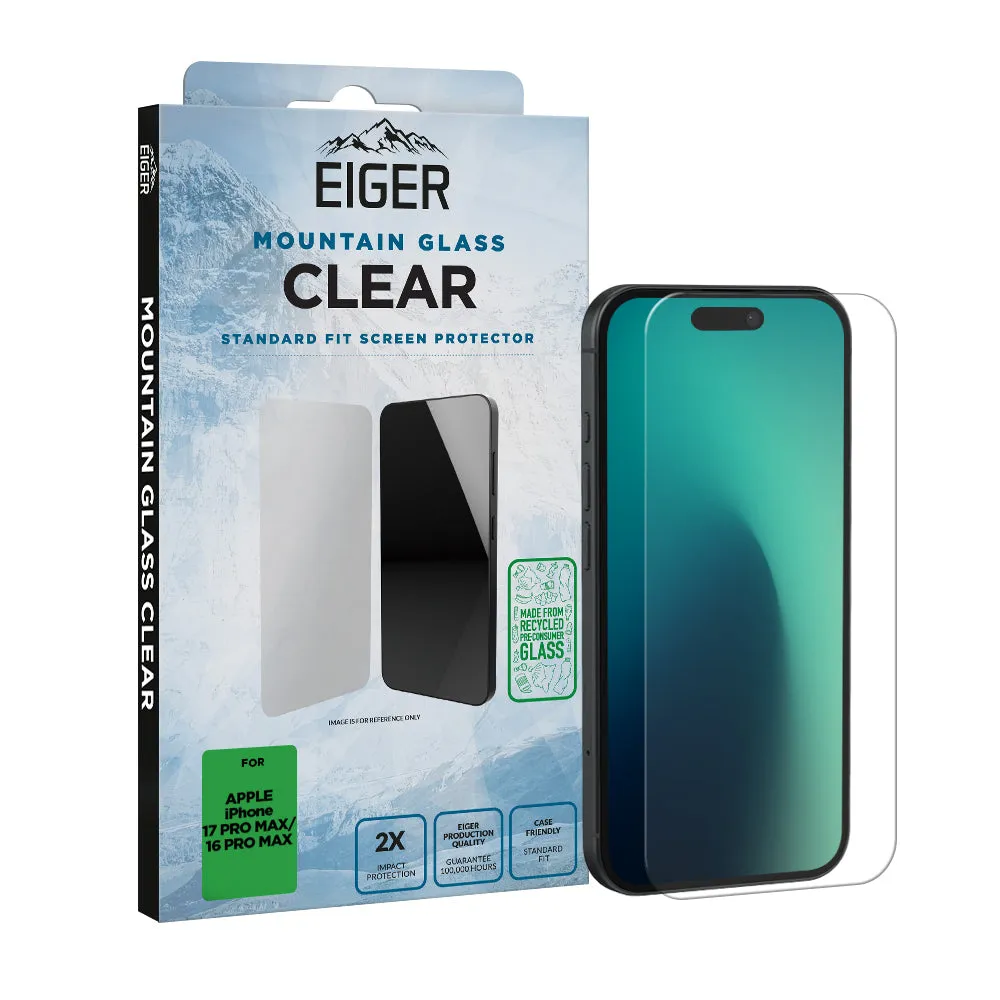 Hydrophobic coating Eiger Mountain Glass CLEAR Screen Protector GRS for Apple iPhone 17 Pro Max/ 16 Pro Max