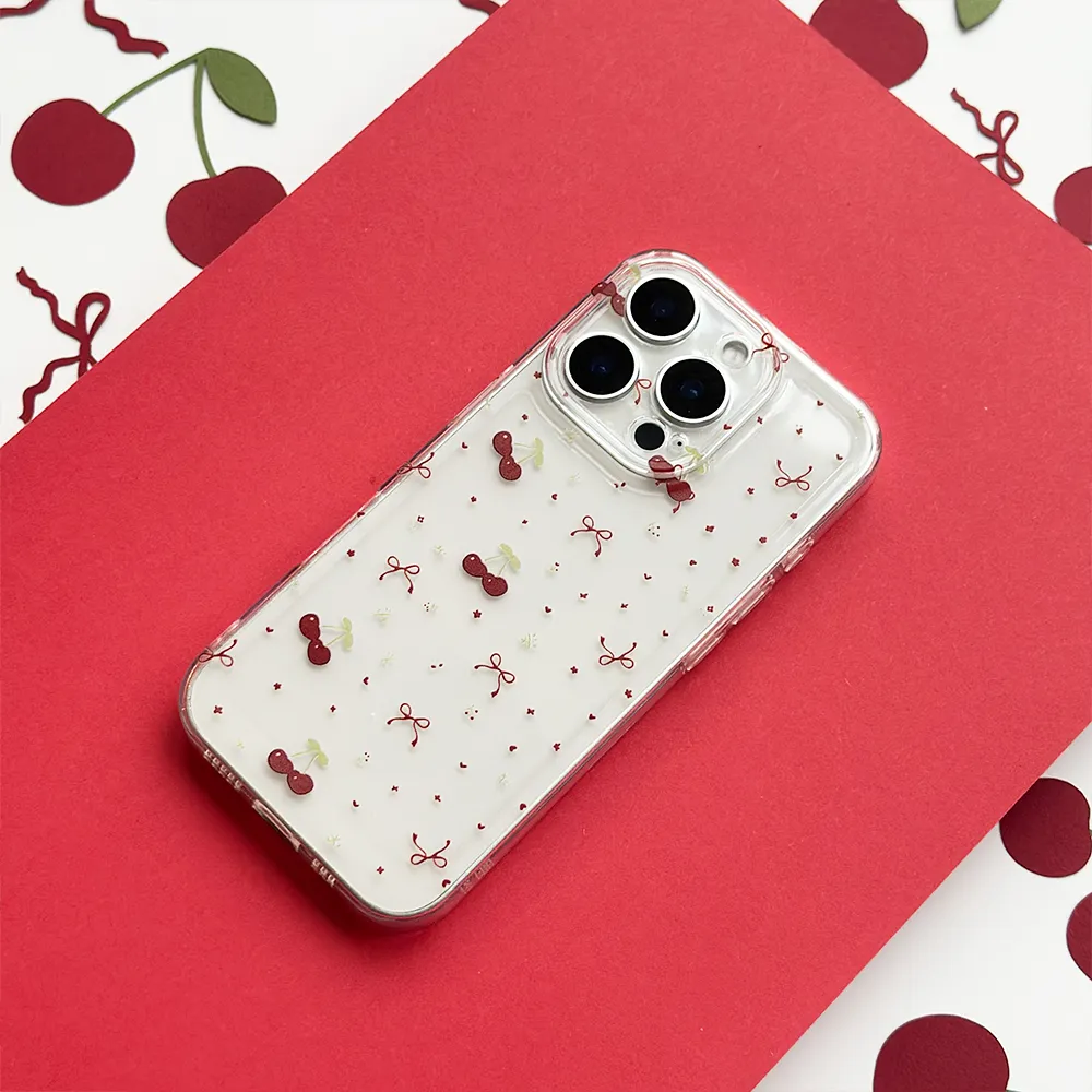 Clear Phone Case - Ditsy Bows & Cherries Strong Surface Color Finish