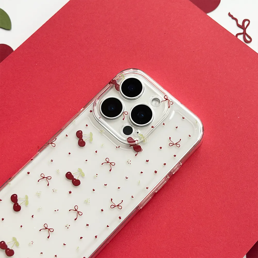 Clear Phone Case - Ditsy Bows & Cherries High-End Detail Hybrid Grip Finish