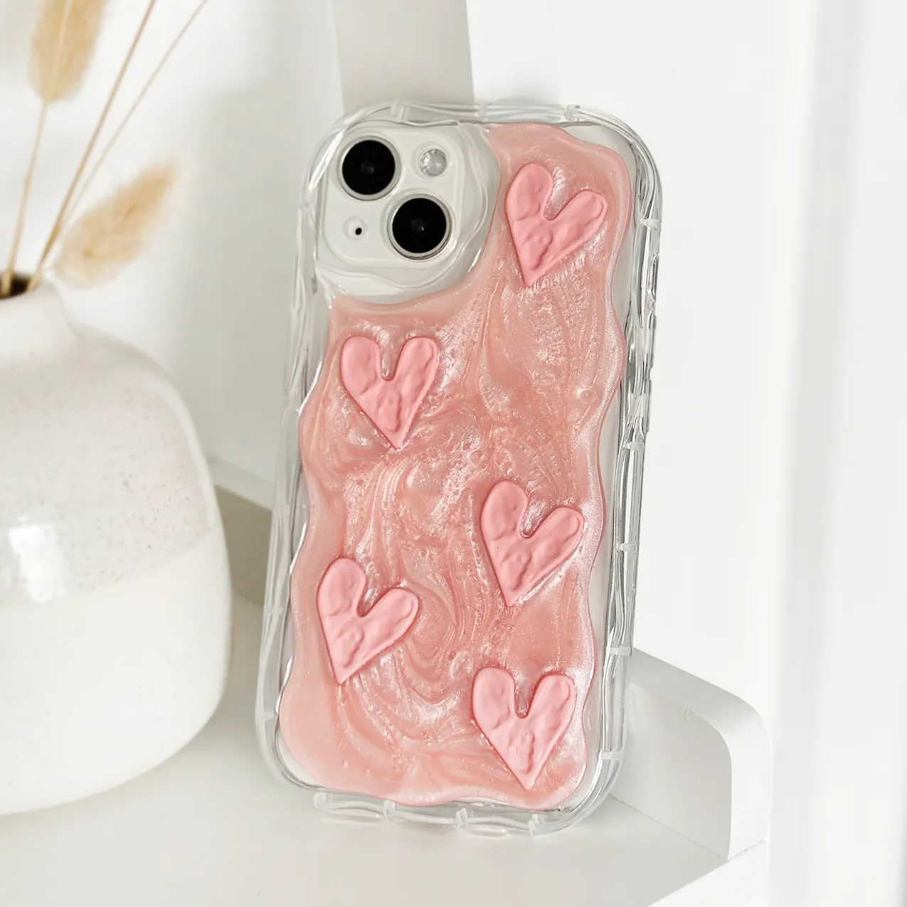 Shimmer Pink Hearts Phone Case Minimal Shield Texture Student Gear