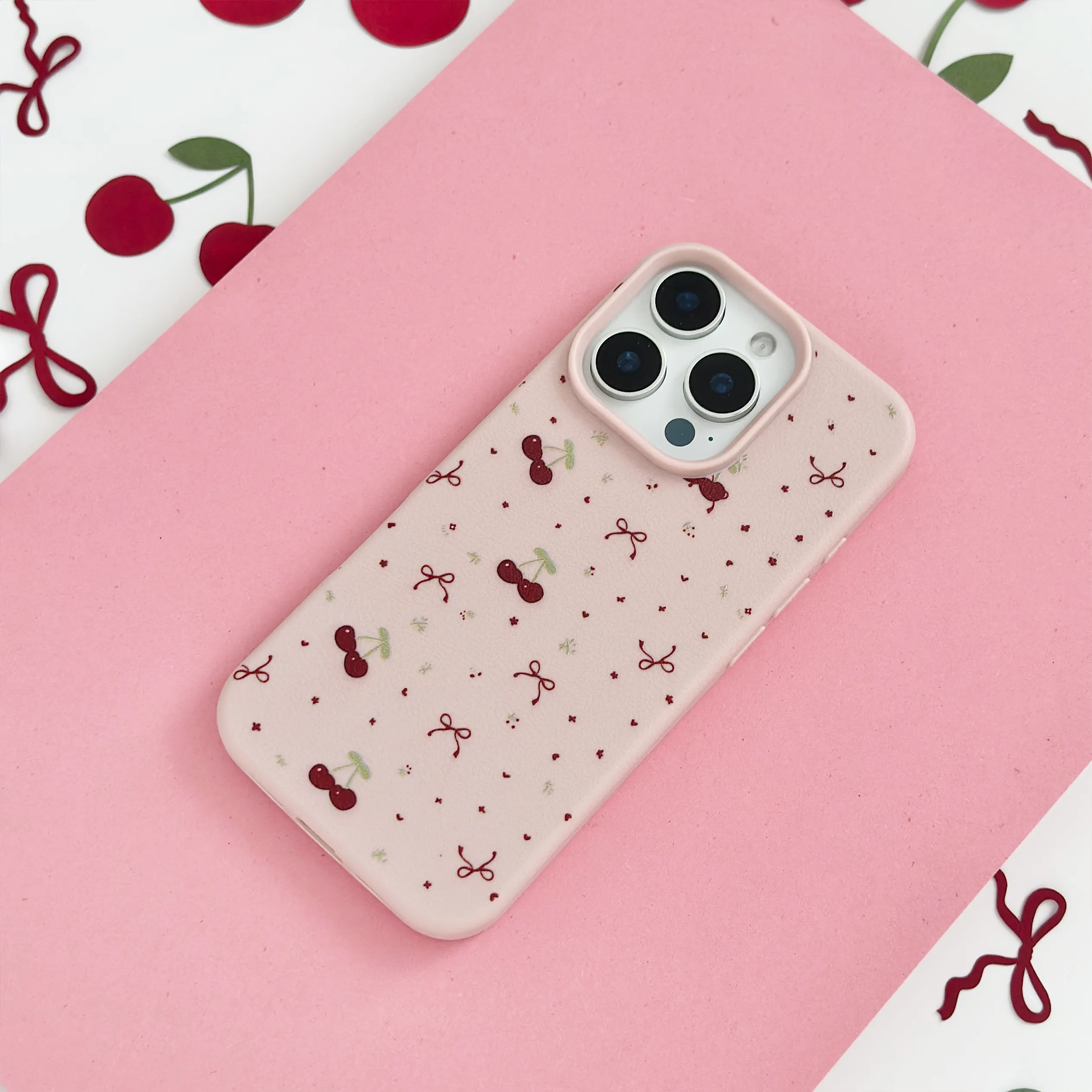 Ditsy Bows & Cherries Phone Case - Pink Protective Design Texture