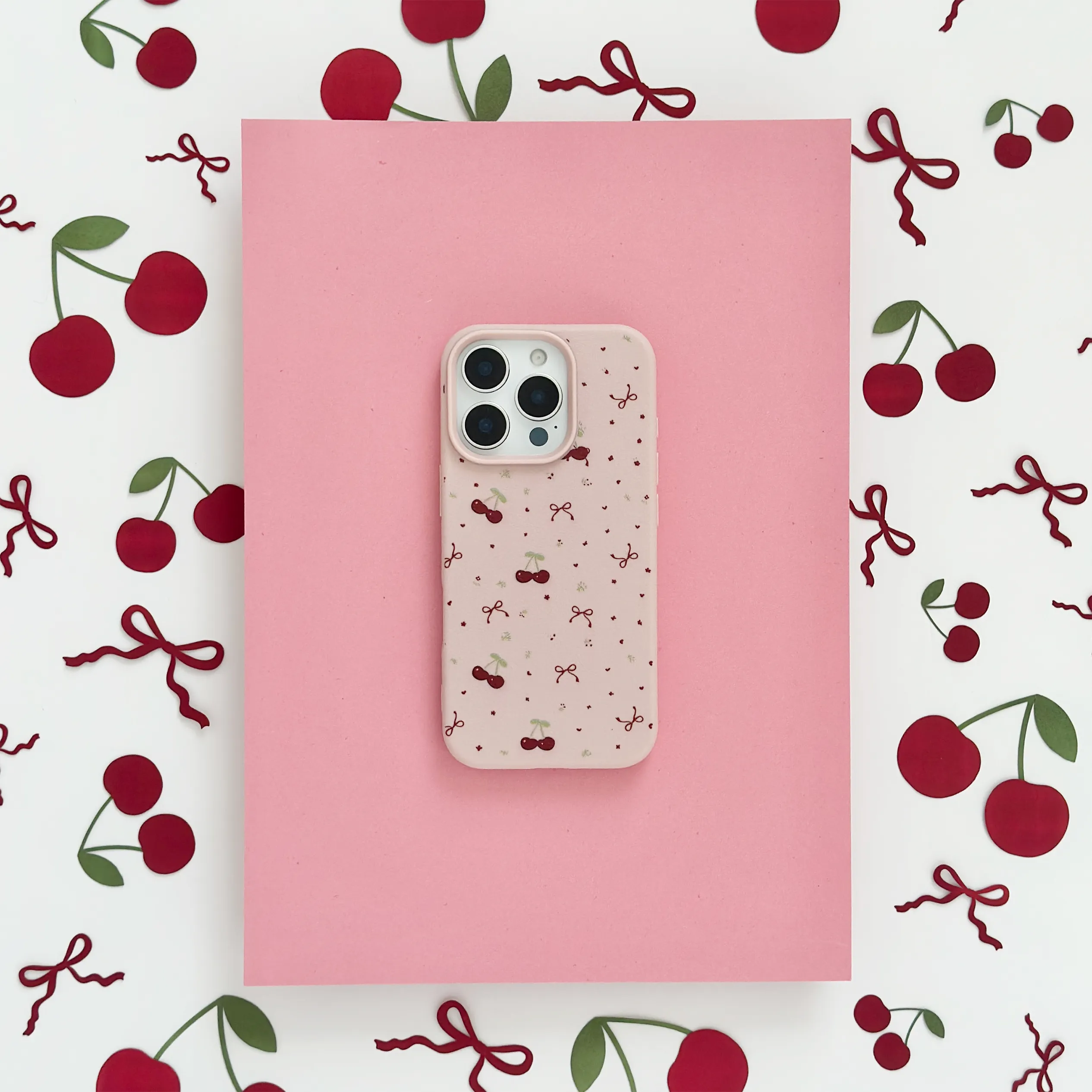 Ditsy Bows & Cherries Phone Case - Pink Minimal Shield