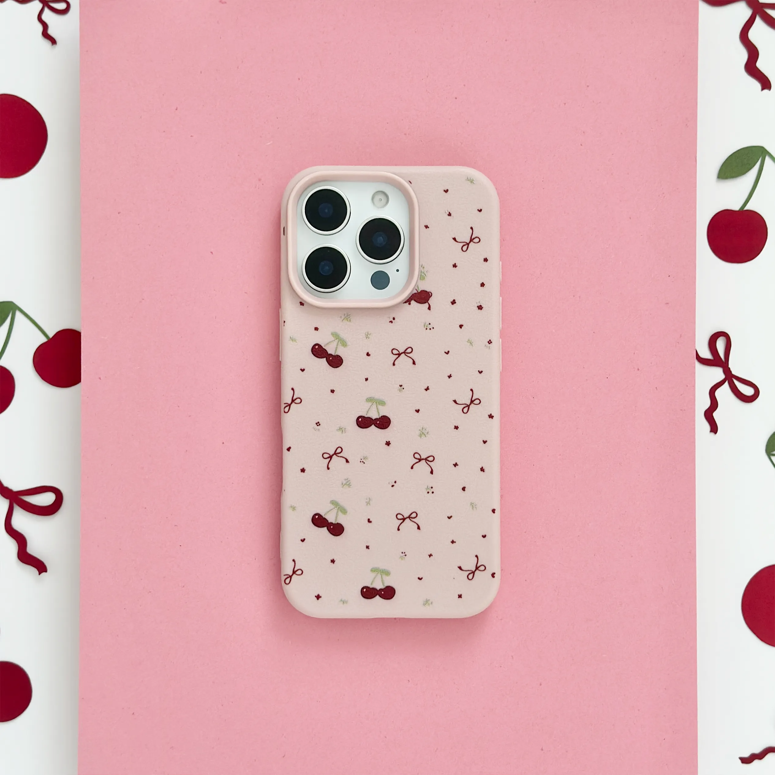 Casual Texture Ditsy Bows & Cherries Phone Case - Pink