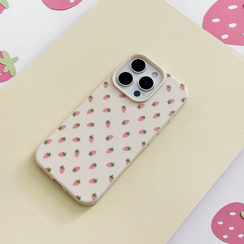 Hybrid Protection Ditsy Strawberries Phone Case - Soft White