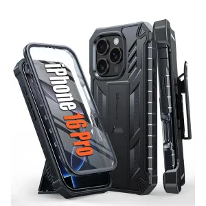 Flexible Grip Texture Light Build FNTCASE iPhone 16 Pro Phone Case: Rugged Protective Phone Case with Belt Clip Holster and Kickstand