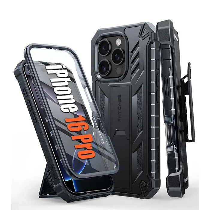 Flexible Grip Texture Light Build FNTCASE iPhone 16 Pro Phone Case: Rugged Protective Phone Case with Belt Clip Holster and Kickstand