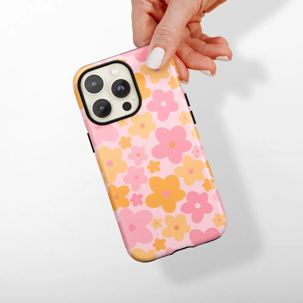 Tough Phone Case - Pink & Orange Bloom Textured Detail