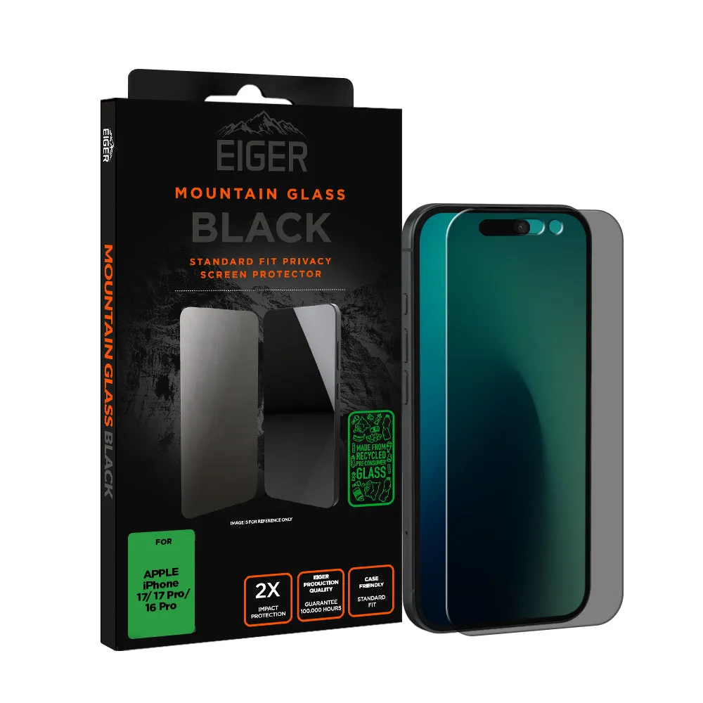 Eiger Mountain Black Privacy Screen Protector GRS for Apple iPhone 17/ 17 Pro/ 16 Pro Phone Screen Guard Plus Screen Protector Layer Film