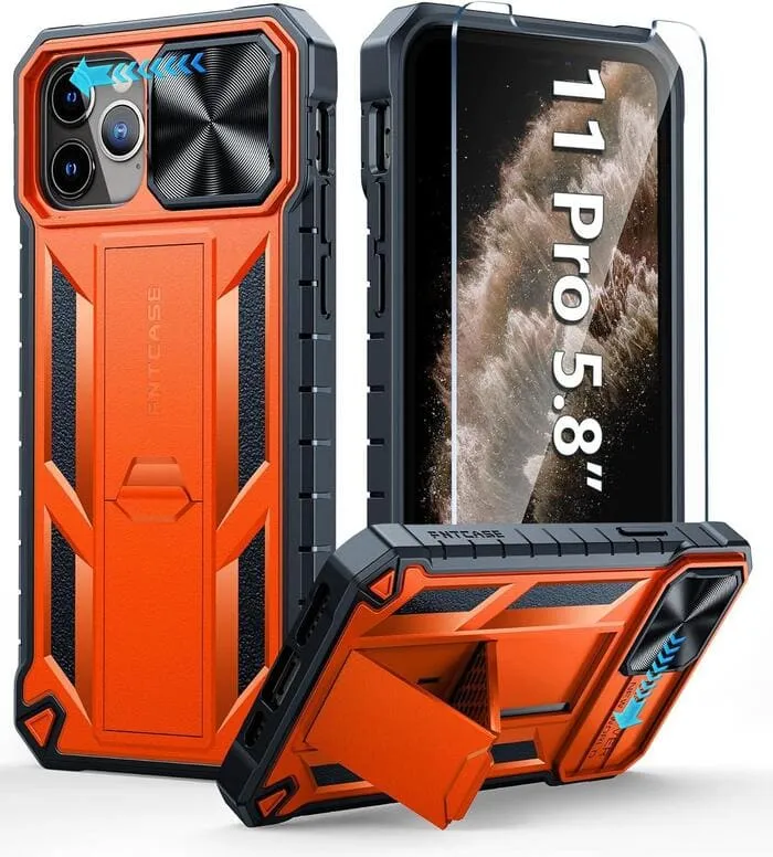 Glossy Finish Look Matte Design Texture FNTCASE iPhone 11 Pro Case 5.8 inches Military Grade Shockproof Dual Protective Cell Phone Cover with Slidable Camera Cover and Kickstand