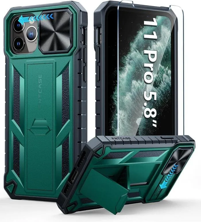 FNTCASE iPhone 11 Pro Case 5.8 inches Military Grade Shockproof Dual Protective Cell Phone Cover with Slidable Camera Cover and Kickstand Minimal Form Durable Surface