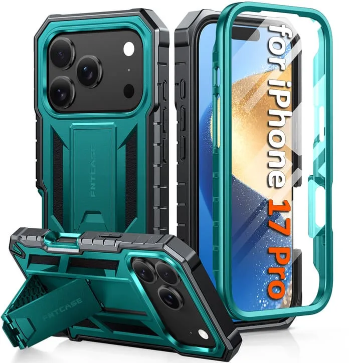 FNTCASE For iPhone 17 Pro 6.3 inch Phone Case: Military Grade Shockproof with Built-in Screen Protector and Kickstand Rugged Pattern Texture Portable Protection