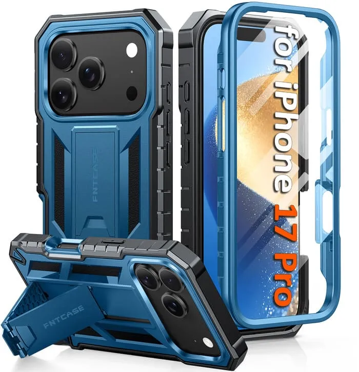 FNTCASE For iPhone 17 Pro 6.3 inch Phone Case: Military Grade Shockproof with Built-in Screen Protector and Kickstand Creative Accent Soft Look Texture