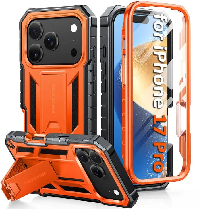 Gloss Finish Impact Guard FNTCASE For iPhone 17 Pro 6.3 inch Phone Case: Military Grade Shockproof with Built-in Screen Protector and Kickstand