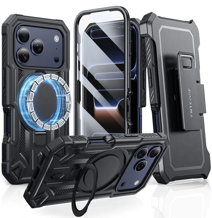 Chic Accessory FNTCASE for iPhone 17 Pro Case with Ring Holder Magnetic Kickstand Military Grade Shockproof Protective Rugged Cell Phone Cover with Belt Clip Holster