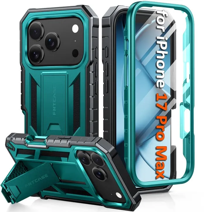 FNTCASE For iPhone 17 Pro Max 6.9 inch Phone Case: Military Grade Shockproof with Built-in Screen Protector and Kickstand Flexible Edge Smooth Pattern Finish