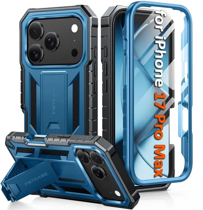 FNTCASE For iPhone 17 Pro Max 6.9 inch Phone Case: Military Grade Shockproof with Built-in Screen Protector and Kickstand Impact Cushion