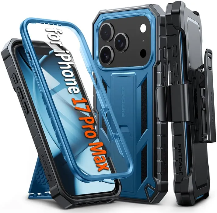 FNTCASE for iPhone 17 Pro Max Case: Military Grade Rugged Cell Phone Cover with Kickstand and Belt Clip Holster Durable Edge Texture Smooth Look Texture