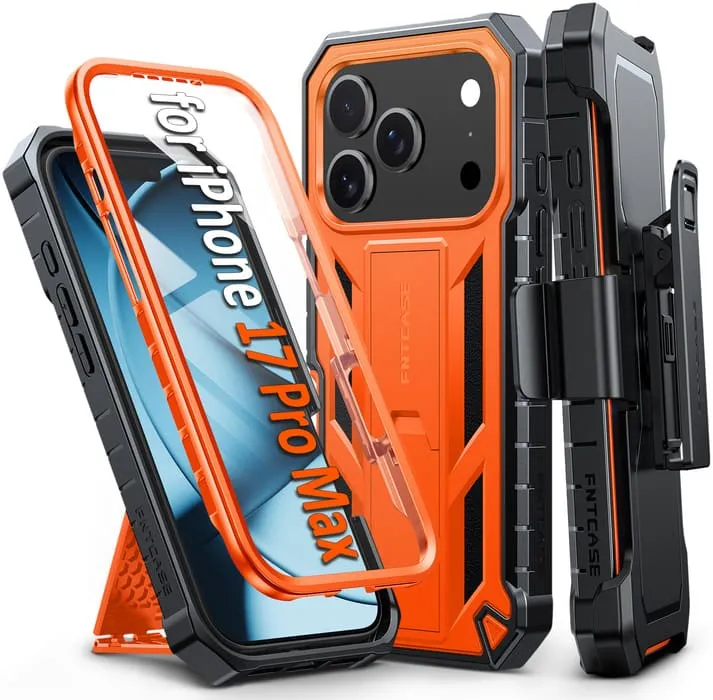 Hybrid Build Shock Proof FNTCASE for iPhone 17 Pro Max Case: Military Grade Rugged Cell Phone Cover with Kickstand and Belt Clip Holster