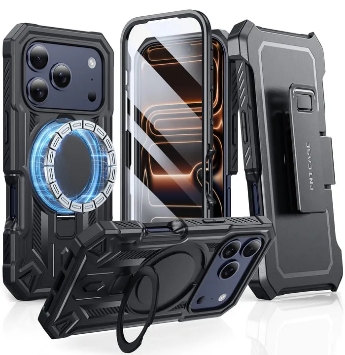 FNTCASE for iPhone 17 Pro Max Case with Ring Holder Magnetic Kickstand Military Grade Shockproof Protective Rugged Cell Phone Cover with Belt Clip Holster Refined Texture