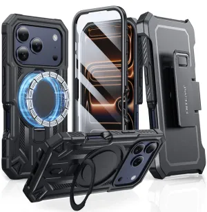 FNTCASE for iPhone 17 Pro Max Case with Ring Holder Magnetic Kickstand Military Grade Shockproof Protective Rugged Cell Phone Cover with Belt Clip Holster Refined Texture