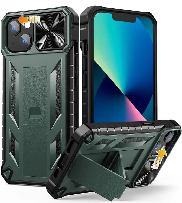 Chic Accessory Modern Touch FNTCASE iPhone 13 iPhone 14 Phone Cover with Slidable Camera Lens Cover and Built-in Kickstand