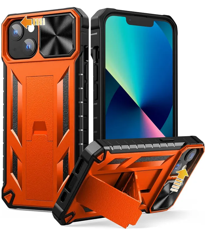 FNTCASE iPhone 13 iPhone 14 Phone Cover with Slidable Camera Lens Cover and Built-in Kickstand Soft Touch Shock Resistant