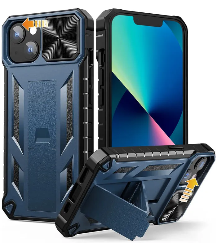 Non Slip Polished Look FNTCASE iPhone 13 iPhone 14 Phone Cover with Slidable Camera Lens Cover and Built-in Kickstand