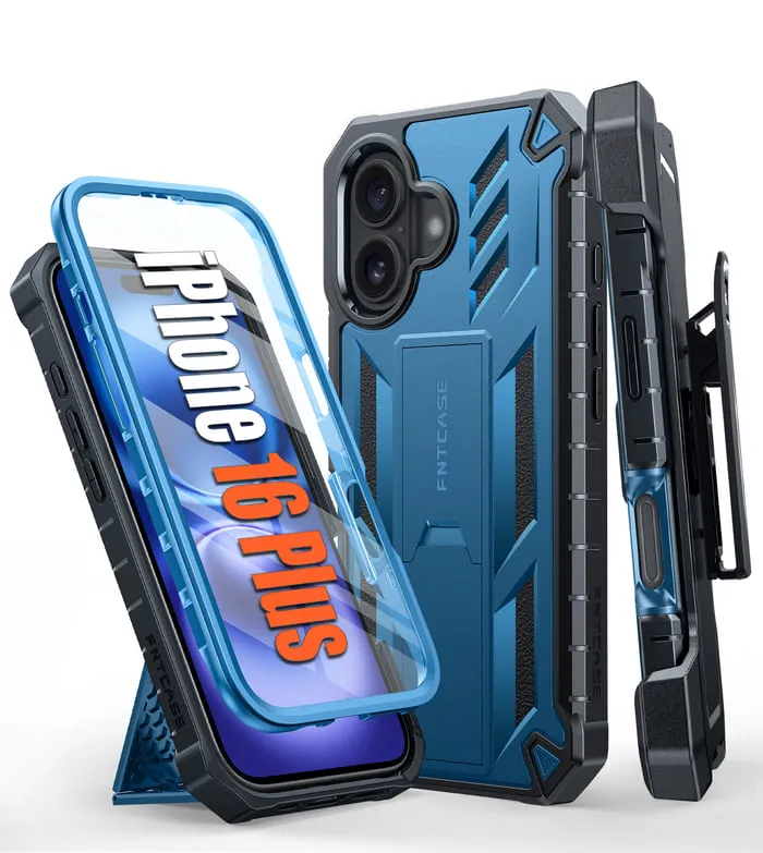 FNTCASE iPhone 16 Plus Phone Case: Rugged Protective Phone Case with Belt Clip Holster and Kickstand Protective Gear Impact Resistant