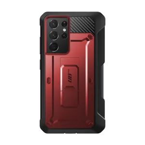 Galaxy S21 Ultra Unicorn Beetle Pro Rugged Case with S-Pen Holder - Metallic Red Protective Texture Layer Polished Texture