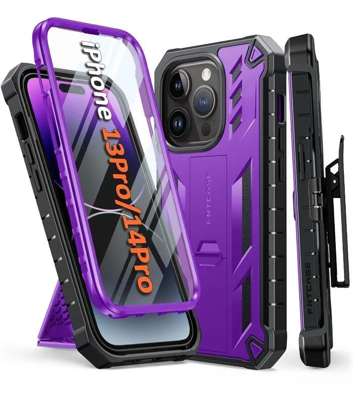 Textured Detail iPhone 14 Pro 13 Pro Military Grade Shockproof Case with Belt Clip Holster and Built-in Kickstand