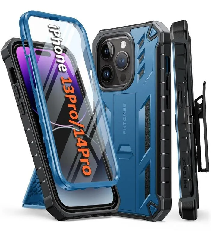 Grip Enhanced iPhone 14 Pro 13 Pro Military Grade Shockproof Case with Belt Clip Holster and Built-in Kickstand