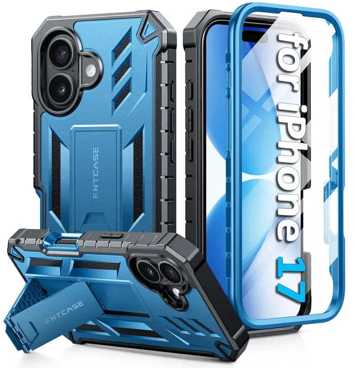 FNTCASE For iPhone 17 Phone Case: Military Grade Shockproof with Built-in Screen Protector and Kickstand Dual Layer Hybrid Touch