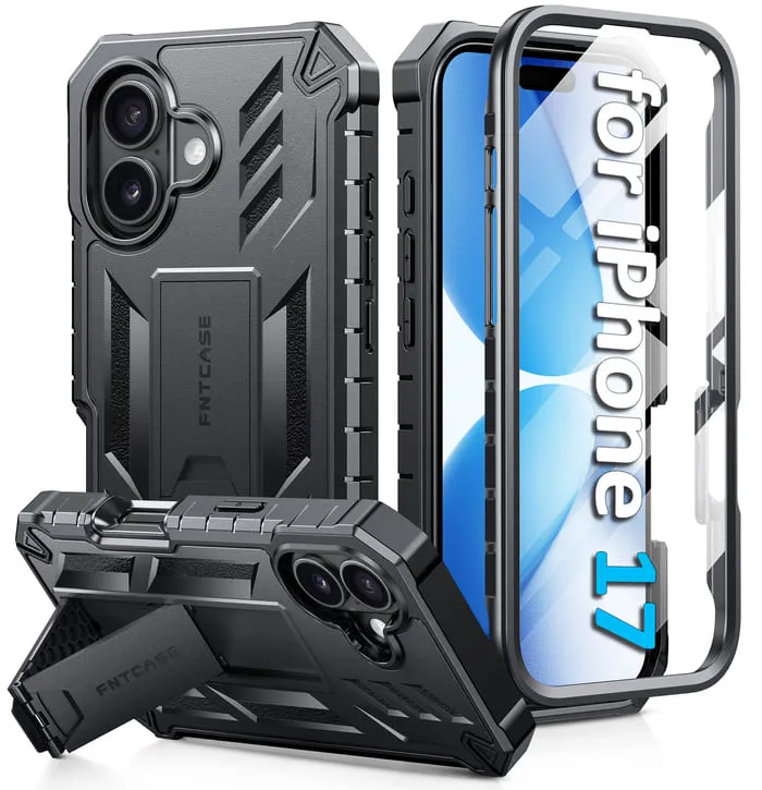 FNTCASE For iPhone 17 Phone Case: Military Grade Shockproof with Built-in Screen Protector and Kickstand Soft Grip Layer Matte Texture