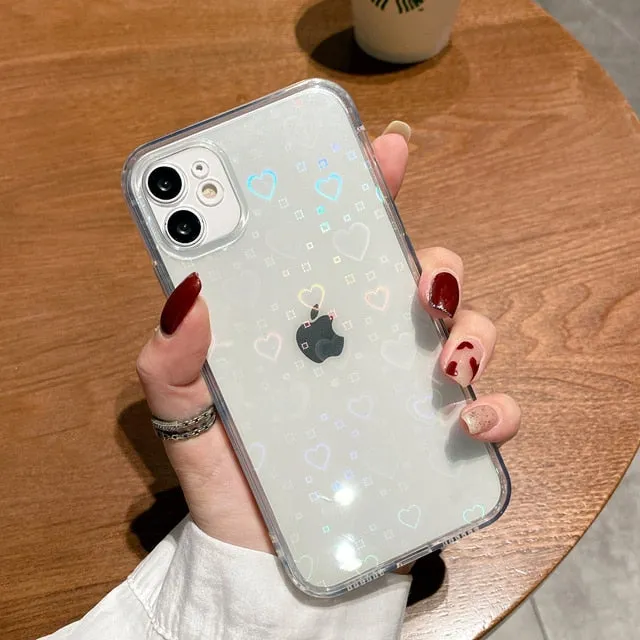 Gloss Surface Layer Holographic Clear Case With Hearts For iPhone