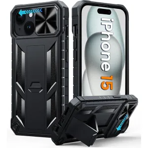 Hybrid Build FNTCASE iPhone 15 Phone Cover with Slidable Camera Lens Cover and Built-in Kickstand