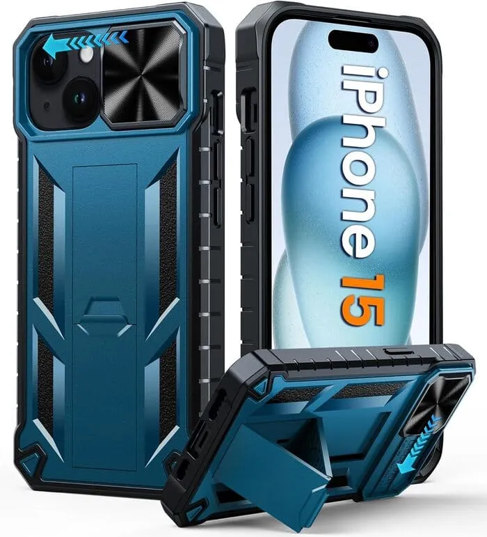 FNTCASE iPhone 15 Phone Cover with Slidable Camera Lens Cover and Built-in Kickstand Shock Resistant Build Sleek Grip