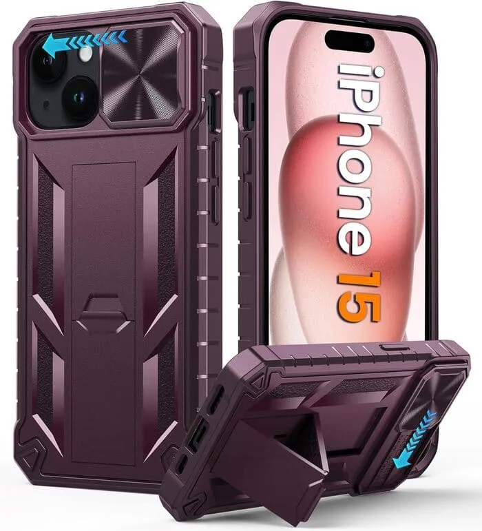 FNTCASE iPhone 15 Phone Cover with Slidable Camera Lens Cover and Built-in Kickstand Light Shield