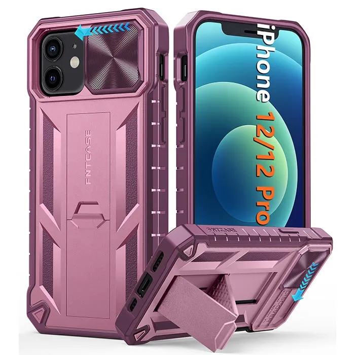 Flexible Protection iPhone 12/12 Pro Military Grade Shockproof Protection Mobile Case Matte Textured Rugged TPU Shell with Kickstand and Slidable Camera Cover