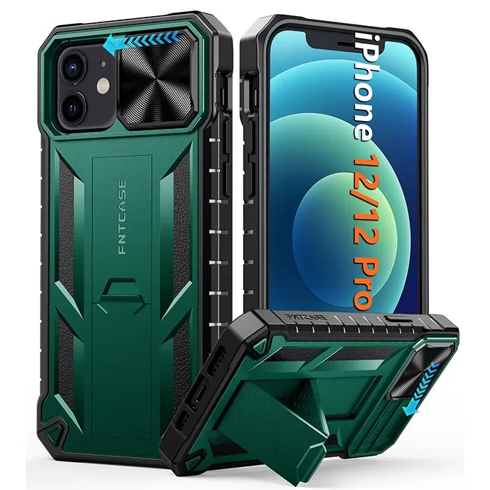 Modern Design Texture iPhone 12/12 Pro Military Grade Shockproof Protection Mobile Case Matte Textured Rugged TPU Shell with Kickstand and Slidable Camera Cover