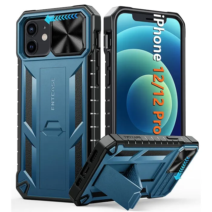iPhone 12/12 Pro Military Grade Shockproof Protection Mobile Case Matte Textured Rugged TPU Shell with Kickstand and Slidable Camera Cover Everyday Look