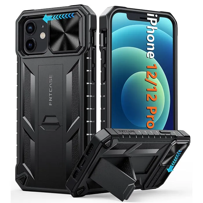 iPhone 12/12 Pro Military Grade Shockproof Protection Mobile Case Matte Textured Rugged TPU Shell with Kickstand and Slidable Camera Cover Smooth Pattern
