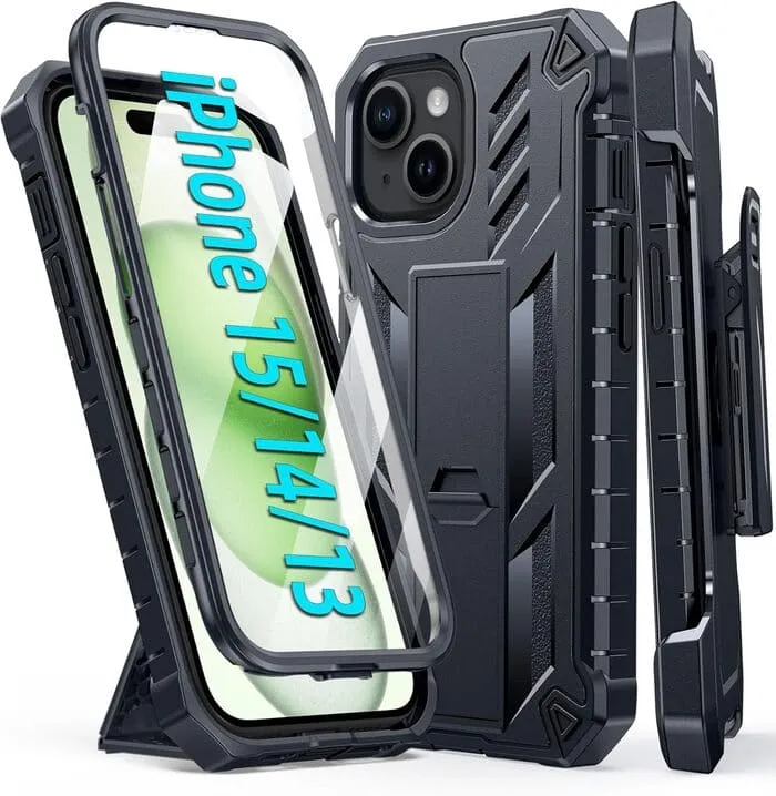 Flexible Shell iPhone 13 iPhone 14 6.1 inches Military Heavy Duty Shockproof Grip Case with Belt Clip Holster, Built-in Screen Protector and Kickstand