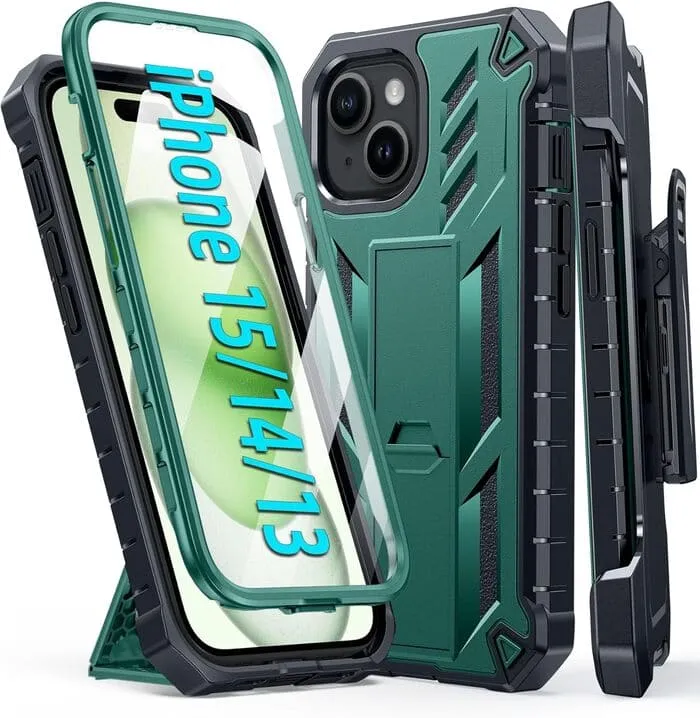 Compact Structure Modern Edge iPhone 13 iPhone 14 6.1 inches Military Heavy Duty Shockproof Grip Case with Belt Clip Holster, Built-in Screen Protector and Kickstand