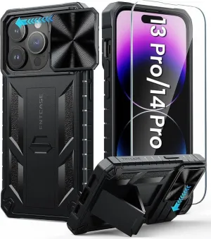Refined Look Protective Layer iPhone 14 Pro 13 Pro Case 6.1 inches Military Grade Shockproof Dual Protective Cell Phone Cover with Slidable Camera Cover and Kickstand