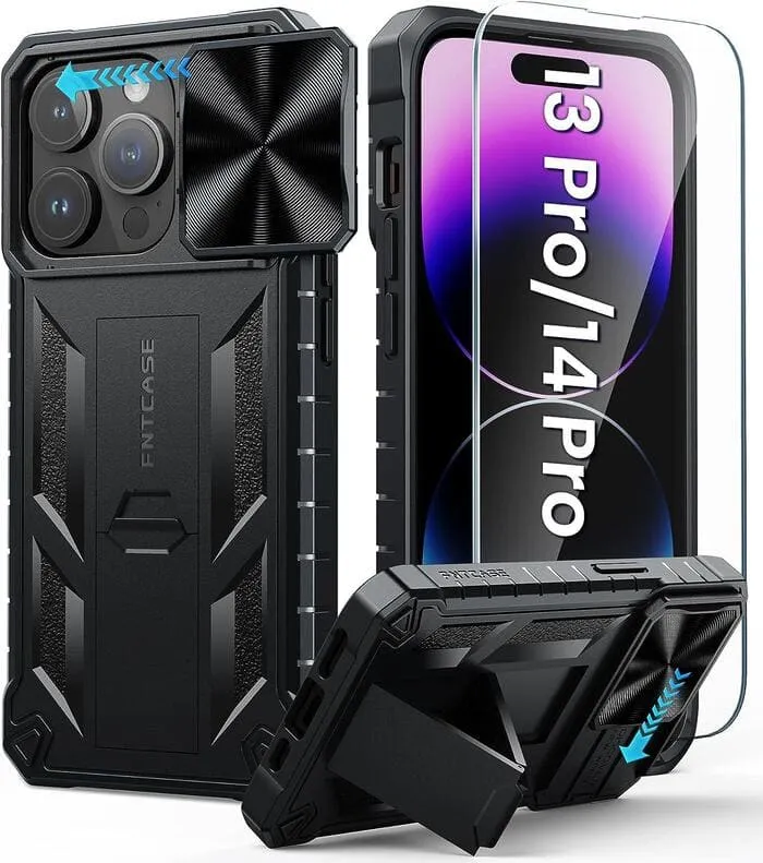 Refined Look Protective Layer iPhone 14 Pro 13 Pro Case 6.1 inches Military Grade Shockproof Dual Protective Cell Phone Cover with Slidable Camera Cover and Kickstand
