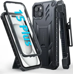 Stylish Edge Compact Fit iPhone 15 Plus Case: Military Grade Rugged Phone Cover with Belt-Clip Holster and Built-in Screen Protector