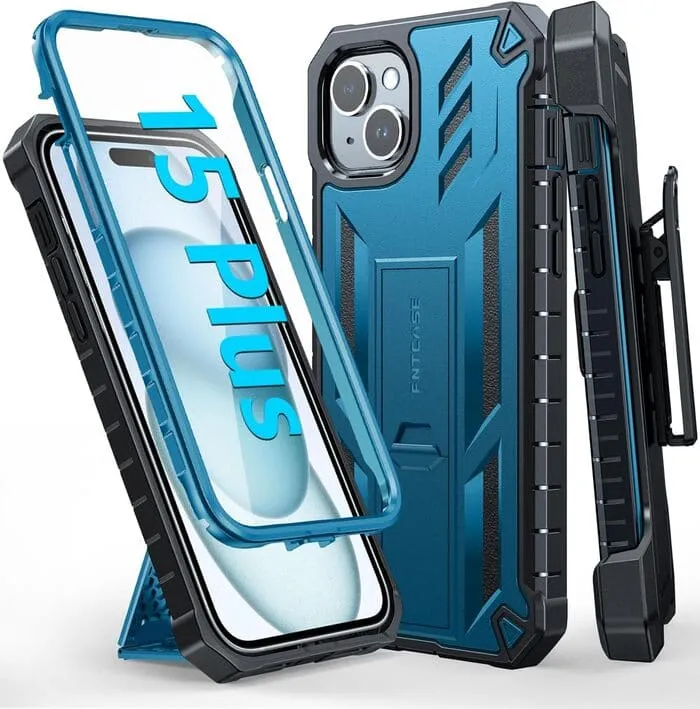 Soft Grip Finish Polished Texture Design iPhone 15 Plus Case: Military Grade Rugged Phone Cover with Belt-Clip Holster and Built-in Screen Protector