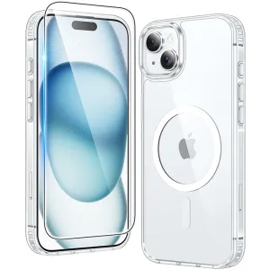 iPhone 15 Plus Clear Case: Magnetic Charging Anti Yellowing Shockproof Magsafe Support Grip Assist