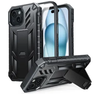 Fashion Statement Matte Surface Design iPhone 15 Plus Military Grade Rugged Phone Cover with Built-in Screen Protector and Kickstand